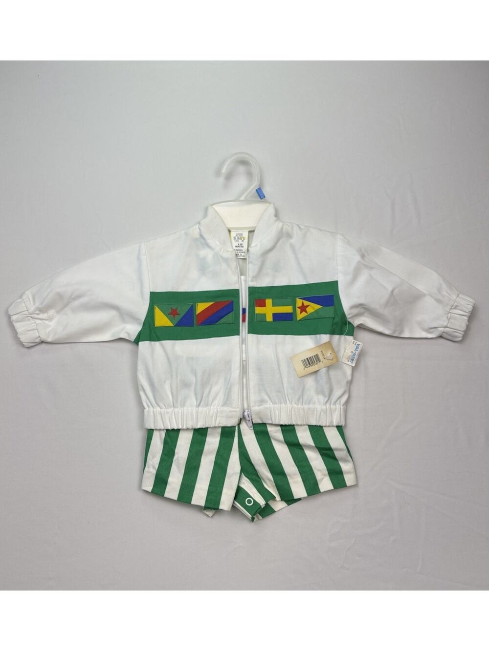 Vintage Baby Outfit 12 Months NWT Green Stripe Shorts Set Flags Retro
